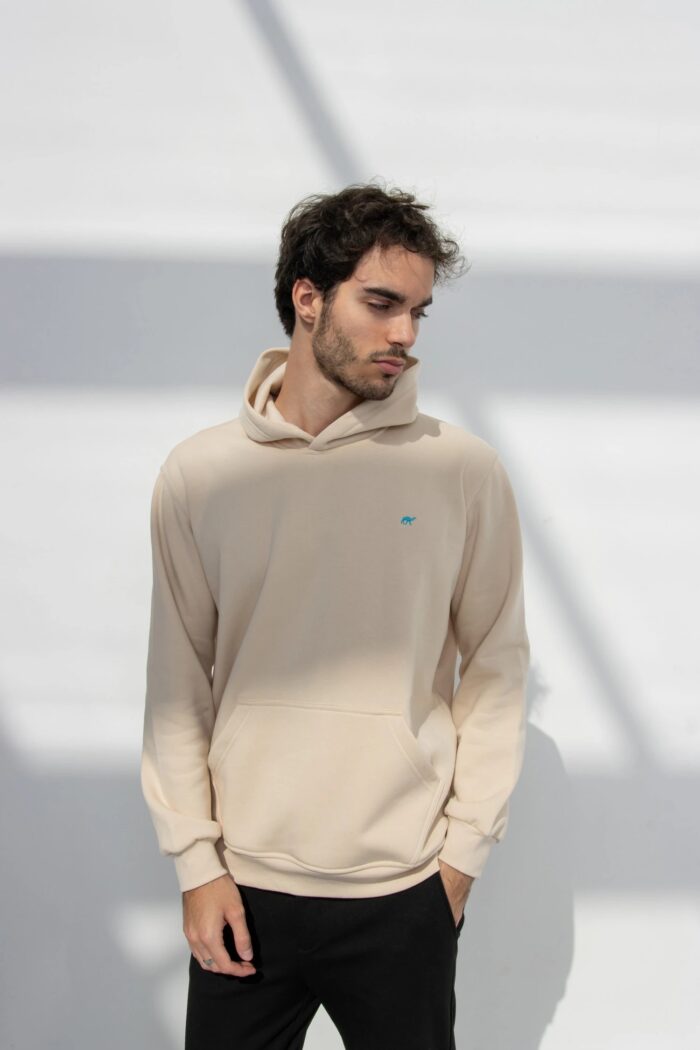 beige hoodie, pale oak